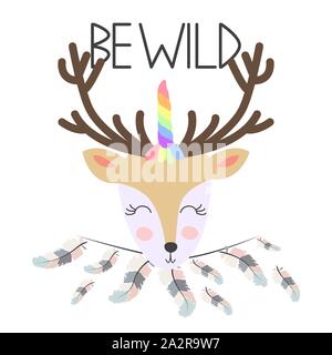 Rotwild für Kinder im skandinavischen Stil. Postkarte von Wald Tiere mit der Inschrift. Design für Kinder Stock Vektor