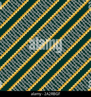 Nahtlose Muster mit glänzendem Gold und Silber Ketten auf dunkelgrünem Hintergrund für Gewebe. Trendy wiederholen Drucken. bereit für Textildruck. Stockfoto