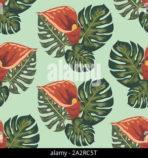 Nahtlose Muster mit tropischen Blättern und callas Lilien Blumen. Dunkle und helle grüne Palmenblättern, nahtlose Muster. Stock Vektor