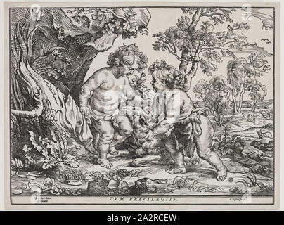 Christoffel Jegher, Flämisch, 1596-1653, nach Peter Paul Rubens, flämischer, 1577-1640, Kleinkinder, Christus und der Heilige Johannes Spielen mit einem Lamm, nach 1632, Holzschnitt, in schwarzer Tinte auf Bütten gedruckt, Bild: 13 3/8 x 17 7/8 Inch (34 × 45,4 cm Stockfoto