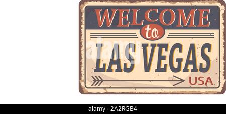 Grüße aus Las Vegas Vintage Tin Sign mit Retro Souvenirs oder Postkarte Vorlagen auf Rost Hintergrund. Vintage Altes Papier Stock Vektor