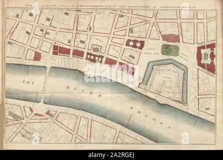 Teil von London erweist die Verbesserungen propos 'düber London Bridge, die Custom-Haus, Turm & C., Karte von Teil von London aus dem 18. Jahrhundert, Pt., IIII, nach S. 132, 1766, John gwynn: London und Westminster verbessert, durch Pläne dargestellt: Mit dem Präfix, einen Diskurs über publick Pracht mit Beobachtungen über den Zustand der Kunst und Künstler in diesem Königreich, worin die Studie über die höfliche Kunst wird empfohlen, da zu einer liberalen Erziehung notwendig: Durch einige Vorschläge in Bezug auf Orte, die nicht in den Plänen vorgesehenen abgeschlossen. London: für das Thema gedruckt..., 1766 Stockfoto