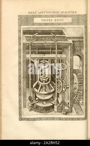 Pumpe (24), Wasserkraft Pumpe für Aquädukt, Kupferstich, Abb. XXIIII, nach S. 36, 1588, Agostino Ramelli: Le diverse et artificiose machine del Capitano Agostino Ramelli (...). A Parigi: in Casa del'Autore, 1588 Stockfoto