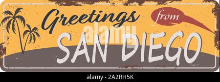 Grüße aus San Diego Vintage Tin Sign mit Retro Souvenirs oder Postkarte Vorlagen auf Rost Hintergrund. Vintage Altes Papier Stock Vektor