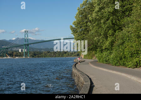 Blick auf die Lions Gate Bridge aus dem Stanley Park Seawall Waterfront Pfad im Stanley Park, Vancouver, British Columbia, Kanada. Stockfoto