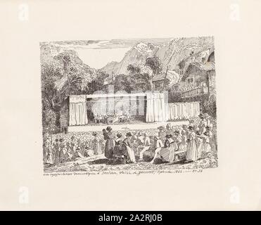 Eine dramatische Entwicklung in Stalden, Zermatt Tal, Theatervorstellung in Stalden im Zermattertal, N. 34, S.69, Toepffer, Rodolphe, 1843, Rodolphe Toepffer: Voyage Autour du Mont Blanc, dans les vallées d'Hérens, de Zermatt et au Grimsel. [Genève]: [Schmid], [1843 Stockfoto