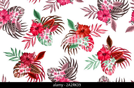 Schöne nahtlose Blumenmuster, Frühling Sommer Hintergrund mit tropischen Blumen, Palmen, Dschungel Blatt, Hibiskus, Paradies exotische Blume. Stockfoto