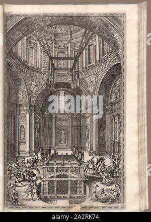 Die gleiche Capella, die in der Luft verschoben werden, wie sie selbst in der Großen Kapelle abgesenkt, der Cappella Del Presepe unter der Cappella Sistina in der Basilika von Santa Maria Maggiore in Rom, 53, fol. 52 v, Fontana, Domenico (FEC); Bonifacio, Natale (Inc.), 1590, Domenico Fontana: Della trasportatione dell'obelisco Vaticano et delle fabriche di Nostro Signore papa Sisto V. Roma: appresso Domenico Basa, 1590 Stockfoto