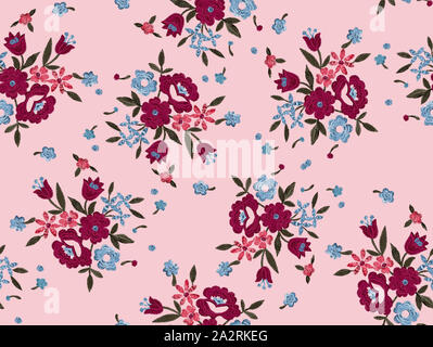Schönen farbigen Blumen, Stickerei nahtlose Muster. Mode Kunst Vorlage für Kleidung, t-shirt Design. Feder Renaissance Stil auf rosa Hintergrund. Stockfoto