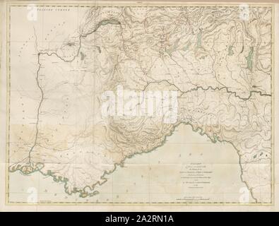 Diagramm der Orte mit der Route von Lyon in Frankreich verbunden mit Turin und der Lombardei, Karte von Frankreich (Provence), Italien (Piemont, Ligurien, Lombardei) und der Schweiz (Tessin, Wallis, Genfer See), Kupferstich, Frontispiz, 1806, albanis Beaumont: Reisen von Frankreich nach Italien, durch die Nähe; oder eine Rundfahrt von der Straße aus Lyon, Turin, durch die Art und Weise des Pays-de-Veaud, dem Wallis und über die Monts Grosser St. Bernhard, Simplon, und St. Gotthard. Mit topographische und historische Beschreibungen (...). London: William Nicholson für G.g. und Robinson, J. und W. Baynes, 1806 Stockfoto
