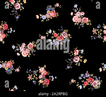 Sanfte Sommer Blumen nahtlose Muster mit wilden Blumen in Vintage Style, Botanische Grußkarte, auf schwarzem Hintergrund. Bereit für Textildruck. Stockfoto