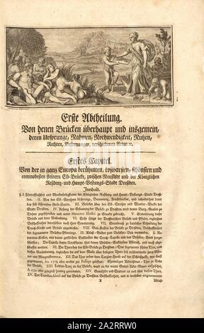 Architektur, allegorischen Firgur der Architektur, unterzeichnet: A. Wernerin delineavit; Christoph Raymund Thoman sculpsite, Abb. 1, S. 1, Werner, Anna Maria (Del.); Thomann von Hagelstein, Christoph Raimund (sc.); Breitkopf, Bernhard Christoph (Hrsg.), 1735, Carl Christian Schramm: Historischer Schauplatz, in welchem die merkwürdigsten Brücken aus allen Theilen der Welt", insonderheit aber sterben in den vollkommensten Stand versetzte Dresdner Elb-Brücke, in saubern Prospecten, Münzen und Berlin Kupferstichen, Vorgestellet und beschrieben werden. Leipzig: Bey Bernhard Christoph Breitkopf, 1735 Stockfoto