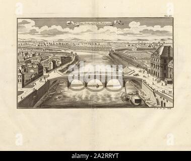 Die königliche Brücke am Garten namens Thuileries, Pont Royal über die Seine in Paris unterzeichnet: I. W. Stör fec, Abb. 44, Nr. 55, nach S.96, Stör, Johann Wilhelm (sc.); Breitkopf, Bernhard Christoph (Hrsg.), 1735, Carl Christian Schramm: Historischer Schauplatz, in welchem die merkwürdigsten Brücken aus allen Theilen der Welt", insonderheit aber sterben in den vollkommensten Stand versetzte Dresdner Elb-Brücke, in saubern Prospecten, Münzen und Berlin Kupferstichen, Vorgestellet und beschrieben werden. Leipzig: Bey Bernhard Christoph Breitkopf, 1735 Stockfoto