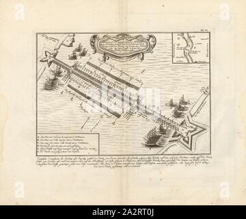 Aussicht auf die lange Schiff u. Hölzerne Brücken, die Schelde in Antwerpen Belagerung von printz von Parma nach Antwerpen Streik an der Dorffe Oordam, Schiff Brücke über die Schelde bei der Belagerung von Antwerpen (1584 1585) am Fort Oordam, Signiert: I. W. S. fec, Abb. 62, Nr. 74, S. 96, Stör, Johann Wilhelm (sc.); Breitkopf, Bernhard Christoph (Hrsg.), 1735, Carl Christian Schramm: Historischer Schauplatz, in welchem die merkwürdigsten Brücken aus allen Theilen der Welt", insonderheit aber sterben in den vollkommensten Stand versetzte Dresdner Elb-Brücke, in saubern Prospecten Kupferstichen, Münzen und Berlin Stockfoto
