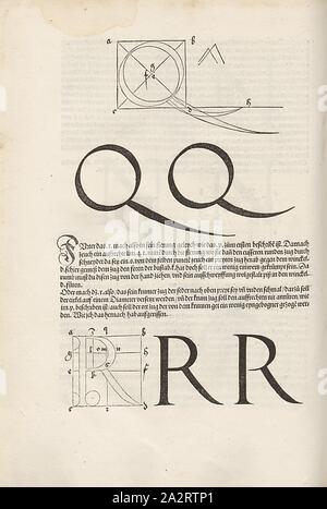 Majuscule Q und R, Bau der Buchstaben Q und R von Dürers serif Schrift, F. 62r, S. 128, Dürer, Albrecht, 1525, Albrecht Dürer: Underweysung der Messung mit dem Zirckel und Richtscheyt, in Linien unnd gantzen Corporen ebnen. [Nürnberg], [s.n.], [1525 Stockfoto