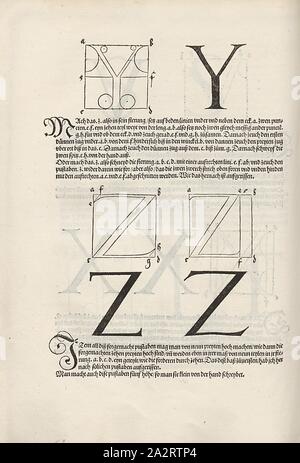 Majuscule Y und Z, der Bau der Buchstaben Y und Z von Dürers serif Schrift, F. 64r, S. 132, Dürer, Albrecht, 1525, Albrecht Dürer: Underweysung der Messung mit dem Zirckel und Richtscheyt, in Linien unnd gantzen Corporen ebnen. [Nürnberg], [s.n.], [1525 Stockfoto