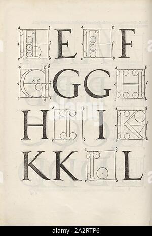 Majuscule E, G, H, I, K und L, Bau der Buchstaben E, G, H, I, K und L von Dürers serif Schrift, F. 65r, S. 133, Dürer, Albrecht, 1525, Albrecht Dürer: Underweysung der Messung mit dem Zirckel und Richtscheyt, in Linien unnd gantzen Corporen ebnen. [Nürnberg], [s.n.], [1525 Stockfoto