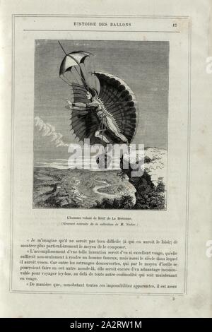 Der fliegende Mann von Rétif de La Bretonne, Nicolas Edmé Flugzeuge nach Restif de la Bretonne in 'Découvertes australes par un homme Volant', unterzeichnet: Claverie; Tellier, Abb. 5, S. 17, Claverie, Martin (Del.); Tellier, Edmond (sc.), 1876, Alfred Sircos; Th. Pallier: Histoire des Ballons et des Aufstiege célèbres avec une préface de Nadar: Dessins de A. Tissandier [...]. Paris: F. Roy, 1876 Stockfoto