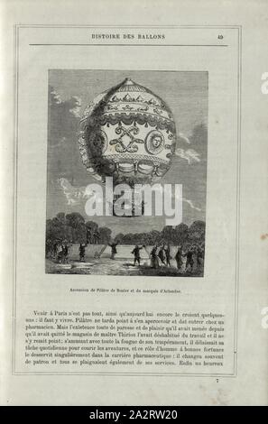 Aufstieg von Pilâtre de Rozier und der Marquis d'Arlandes, Erste freie Ballonfahrt von Jean-François Pilâtre de Rozier und François d'Arlandes am 21. November 1783 im Garten von La Muette in Passy (Paris), unterzeichnet: Tremelat, Abb. 13, S. 49, Tremelat (sc.), 1876, Alfred Sircos; Th. Pallier: Histoire des Ballons et des Aufstiege célèbres avec une préface de Nadar: Dessins de A. Tissandier [...]. Paris: F. Roy, 1876 Stockfoto