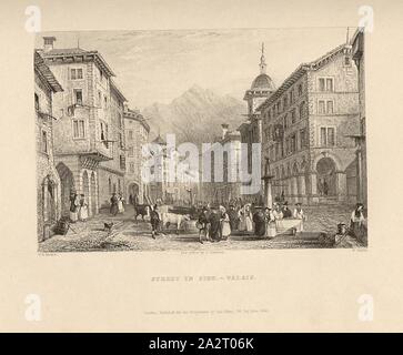 Straße in Sion. - Wallis, Street Scene in Sion, Signiert: W. H. Bartlett, T. Creswick, W. Wallis, Platte 20, S. 48 (vol. 1), Bartlett, William Henry; Creswick, T.; Wallis, Robert William, 1835, William Beattie, Schweiz. London: Tugend, 1836 Stockfoto