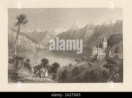 Schloss von Spiez, Thuner See. Kanton Bern, Aussicht über den Thunersee und das Schloss Spiez, im Hintergrund die Berner Alpen mit Eiger und Schreckhorn, Signiert: W. H. Bartlett; W. Hill, Platte 14, nach s. 86 (vol. 2), Bartlett, William Henry; Hill, W., 1834, William Beattie, Schweiz. London: Tugend, 1836 Stockfoto