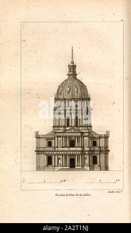 Höhe der Kuppel des Invalides, Fassade des Invalides in Paris, Datum auf 20 geschätzt, nach S.92, S.141, Landon (Direxit), J. G. Legrand; c. S. Landon: Beschreibung de Paris et de ses édifices: avec un nun historique et des Bemerkungen sur le caractère de leur Architektur, et sur les principaux Objets d'Art et de curiosité qu'ils renferment. Seconde édition", corrigée avec Soin dans toutes ses Parteien, et augmentée considérablement. Bd. 1, Bl. 1. Paris. Straßburg. Treuttel et Würtz, 1818 Stockfoto