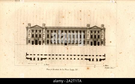 Plan und Höhe der Place Louis XV., Grundriss und Fassade Hôtel de la Marine Place de la Concorde Paris, PL. 4, S. 20, S. 32, Landon (Direxit), J. G. Legrand; c. S. Landon: Beschreibung de Paris et de ses édifices: avec un nun historique et des Bemerkungen sur le caractère de leur Architektur, et sur les principaux Objets d'Art et de curiosité qu'ils renferment. Seconde édition", corrigée avec Soin dans toutes ses Parteien, et augmentée considérablement. Bd. 1, Bl. 2. Paris. Straßburg. Treuttel et Würtz, 1818 Stockfoto