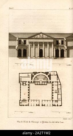 Plan der Schule der Chirurgie und die Höhe auf der Seite des Hofes, Grundriss und Fassade der École de Chirurgie in Paris, PL. 24, S. 94, S. 145, Landon (Direxit), J. G. Legrand; c. S. Landon: Beschreibung de Paris et de ses édifices: avec un nun historique et des Bemerkungen sur le caractère de leur Architektur, et sur les principaux Objets d'Art et de curiosité qu'ils renferment. Seconde édition", corrigée avec Soin dans toutes ses Parteien, et augmentée considérablement. Bd. 1, Bl. 2. Paris. Straßburg. Treuttel et Würtz, 1818 Stockfoto