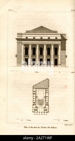 Plan und Höhe des Theater des Italiens, Fassade und Grundriss der ehemaligen Théâtre National de l'Opéra-Comique in Paris, PL. 40, Nach S. 144, S. 227, Landon (Direxit), J. G. Legrand; c. S. Landon: Beschreibung de Paris et de ses édifices: avec un nun historique et des Bemerkungen sur le caractère de leur Architektur, et sur les principaux Objets d'Art et de curiosité qu'ils renferment. Seconde édition", corrigée avec Soin dans toutes ses Parteien, et augmentée considérablement. Bd. 1, Bl. 2. Paris. Straßburg. Treuttel et Würtz, 1818 Stockfoto