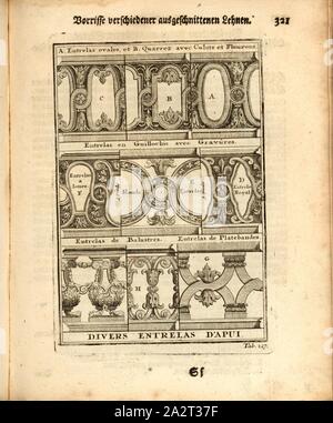 Vielfältige Unterstützung Maßwerk, verschiedenen geflochtenen Verzierungen, Tab. 127, S. 321, Augustin-Charles d'Aviler, Vignola, Michelangelo, Leonhard Christoph Sturm, Hertel: Ausführliche Anleitung zu der gantzen Civil-Bau-Kunst [...]. Augspurg: bey Johann Georg Hertel, 1747 Stockfoto