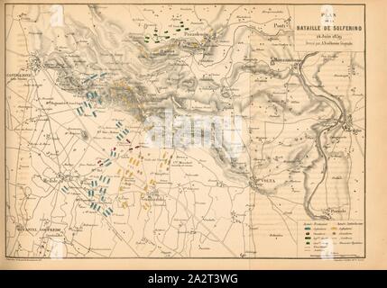 Plan der Schlacht von Solferino 24. Juni 1859, Plan der Schlacht von Solferino, unterzeichnet: dressé par A. Vuillemin; Gravé chez Erhard, Abb. 18, Teil 2, nach S.86, Vuillemin, Alexandre (dressé); Erhard Schieble, Georges (gravé), Amédée de Cesena: Campagne de Piémont et de Lombardie en 1859. Paris: Garnier Frères, 1860 Stockfoto