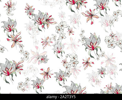 Cute stilisierten Blumen mit Blättern auf einem weißen Hintergrund. Vintage nahtlose Blumen Skizze grafische Darstellung. Bereit für Textildruck. Stockfoto