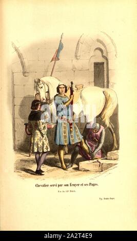 Ritter von seinem Squire und seine Seiten. Ende des 13. Jahrhunderts, Ritter mit Schergen und Seiten, unterzeichnet: Deghouy; F. Philippoteaux, Abb., S., Félix Philippoteaux (FEC); Deghouy, Léopold (sc.), Adrien Pascal, Lager, Jules du Camp, Germain-Nicolas Brahaut, Sicard, Philippoteaux: Histoire de l'Armée et de tous les régiments depuis les Premiers temps de la Monarchie française jusqu'à Nos jours. Paris: A. Barbier, 1847-1858 Stockfoto