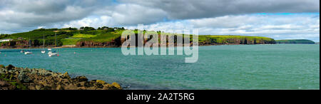 Wunderschönes Panorama auf die Bucht in der Nähe von Waterford mit Yachten, türkisfarbenes Wasser und Felsen mit grünem Gras bedeckt. Republik von Irland Stockfoto