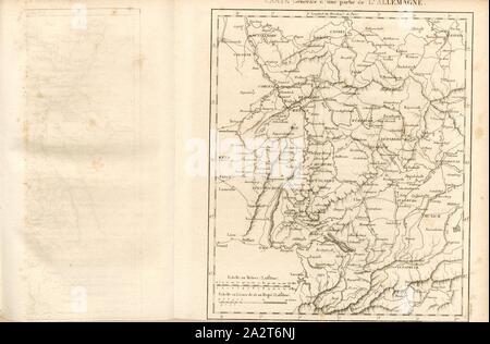 Übersichtskarte der Teil von Deutschland, Karte Deutschland zwischen Düsseldorf, Leipzig, Basel und München, nach S. 2, S. 15, Tome 3, Maréchal [Laurent de] Gouvion-Saint-Cyr: Mémoires sur les campagnes des Armées du Rhin et de Rhin-et-Moselle, de 1792 jusqu'à la Paix de Campo-Formio. Tome 3. Paris. Libraire Anselin, pour l'art Militaire, 1828-1829 Stockfoto