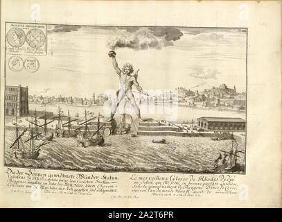 Die wunder-statua Koloss zu sonnen..., Illustration der 6 Wunder der Welt, der Koloss von Rhodos, aus dem 18. Jahrhundert, unterzeichnet: J. F. v. Chr., E.deline, TA., VIII, S. 49, Fischer von Erlach, Johann Bernhard (Del.), Johann Bernhard Fischer von Erlach: Entwurff einer historischen Architectur, siehe Abb. unterschiedener berühmten Töpfermarkt, des Alterthums, und fremder Völcker, umb aus den Geschichtbüchern, Gedächtnüsz-Müntzen, Ruinen, und eingeholten wahrhafften Abriszen, vor Augen zu stellen [...]. Erstes Buch. Wien, 1721 Stockfoto