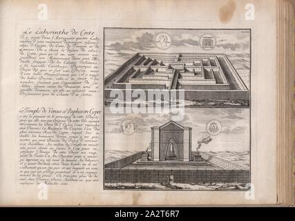 Das Labyrinth von Kreta; der Tempel der Venus in Paphos auf Zypern, Oben: 18. Jahrhundert Labyrinth von Kreta, unten: 18. Jahrhundert Paphos Tempel der Venus auf Zypern, TA., XVII, S.77, 1721, Johann Bernhard Fischer von Erlach: Entwurff einer historischen Architectur, siehe Abb. unterschiedener berühmten Töpfermarkt, des Alterthums, und fremder Völcker, umb aus den Geschichtbüchern, Gedächtnüsz-Müntzen, Ruinen, und eingeholten wahrhafften Abriszen, vor Augen zu stellen [...]. Erstes Buch. Wien, 1721 Stockfoto