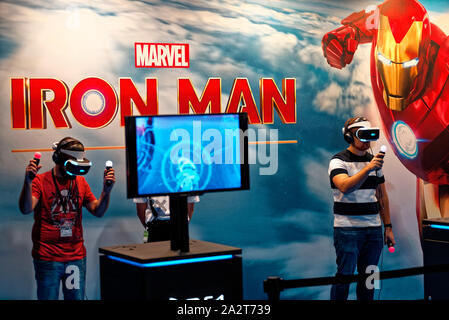 IFEMA, Madrid, Spanien. 3. Oktober, 2019. Von Marvel Iron Man VR-Spiel für PlayStation im Madrid Spiele Woche/Video Spiel fair, in Madrid. EnriquePSans/Alamy leben Nachrichten Stockfoto