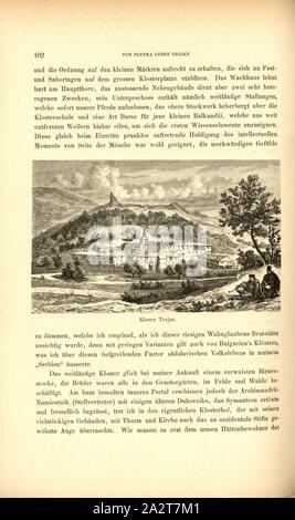 Kloster Trojan, Bulgarisch-orthodoxe Kloster Trojan in der Nähe von oreschak (Bulgarien) auf dem Fluss Tscherni Osam, Abb. 56, S. 102, 1879, F.: Kanitz Donau-Bulgarien und der Balkan: Historisch-geographisch-ethnographische Reisestudien aus den Jahren 1860-1879. Leipzig: verlagsbuchhandlung von Hermann Fries, 1879-1880 Stockfoto