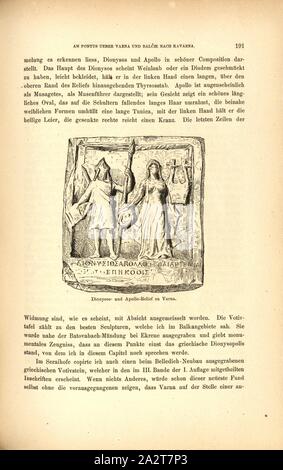 Dionysos und Apollon Entlastung nach Varna, Dionysos mit thyrsos Personal und Apollo mit Lyra auf eine Entlastung von Varna, Abb. 106, S. 191, 1879, F.: Kanitz Donau-Bulgarien und der Balkan: Historisch-geographisch-ethnographische Reisestudien aus den Jahren 1860-1879. Leipzig: verlagsbuchhandlung von Hermann Fries, 1879-1880 Stockfoto