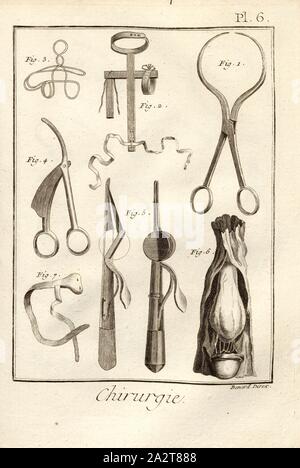 Chirurgie 6, medizinische Instrumente, unterzeichnet: Benard direx, PL. 6 nach S. 48, Benard (dir.), 1778, Denis Diderot; M. d'Alembert: Encyclopédie, ou Wörterbuch raisonné des Sciences, des Arts et des métierss, des Arts et des métiers. Genève: chez Pellet, MDCCLXXVIII [1778 Stockfoto