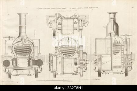 Ausschreibung Motor Tank Motor gebaut von Gebr. Scharp, Lokomotive der Sharp, Roberts und Unternehmen in Manchester, unterzeichnet: Heusinger v., W, Lith., v, J.; Lehnhardt Verlag v., Ch.W. Kreidel, Platte V, nach S. 175, heusinger von Waldegg, Edmund; Lith. Anstalt von J. Lehnhardt (Lith.); Christian Wilhelm Kreidel Verlag (Hrsg.), Edmund Heusinger von Waldegg; Wilhelm Clauß: Abbildung und Beschreibung der Locomotive-Maschine: / Beispiele in den Graben und neuesten Constructionen: unter Benutzung der englischen Werke von Tredgold, Kinnear Clark, und der französischen Schriften von Le Chatelier, Flachat, Petiet Stockfoto