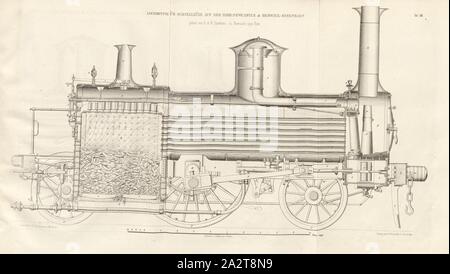 Lokomotive für schnelle Züge auf der York-Newcastle, Lokomotive nach dem Entwurf von R&W Hawton, unterzeichnet: Heusinger v., W, Lith., v, J.; Lehnhardt Verlag v., Ch.W. Kreidel, Platte XIII, nach S. 175, heusinger von Waldegg, Edmund; Lith. Anstalt von J. Lehnhardt (Lith.); Christian Wilhelm Kreidel Verlag (Hrsg.), Edmund Heusinger von Waldegg; Wilhelm Clauß: Abbildung und Beschreibung der Locomotive-Maschine: / Beispiele in den Graben und neuesten Constructionen: unter Benutzung der englischen Werke von Tredgold, Kinnear Clark, und der französischen Schriften von Le Chatelier, Flachat, Petiet Stockfoto