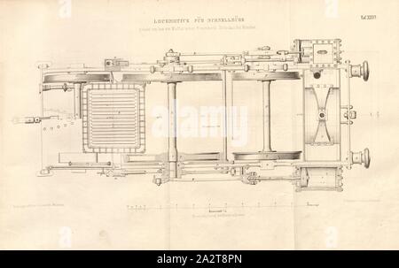 Lokomotive für Schnellzüge von Maffei in Hirschau Eisenhütte in der Nähe von München errichtet, Grundriss, der Kessel Gedanken genommen worden zu sein, Zylinder, Pumpen und Feuer box im Durchschnitt gezeichnet, unterzeichnet: Heusinger v., W, Lith., v, J.; Lehnhardt Verlag v., Ch.W. Kreidel, Platte XXXVI, nach S. 175, heusinger von Waldegg, Edmund; Lith. Anstalt von J. Lehnhardt (Lith.); Christian Wilhelm Kreidel Verlag (Hrsg.), Edmund Heusinger von Waldegg; Wilhelm Clauß: Abbildung und Beschreibung der Locomotive-Maschine: / Beispiele in den Graben und neuesten Constructionen: unter Benutzung der englischen Werke von Tredgold Stockfoto