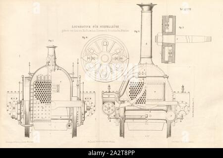 Lokomotive für Schnellzüge von Maffei in Hirschau Eisenhütte in der Nähe von München, Abb. gebaut. 1: Querschnitt durch die firebox, die andere Hälfte als ein Ende der firebox, Abb. 2: Querschnitte durch die Zylinder und die Rauchkammer, Vorderansicht, unterzeichnet: Heusinger v., W, Lith., v, J.; Lehnhardt Verlag v., Ch.W. Kreidel, Platte XXXVII, nach S. 175, heusinger von Waldegg, Edmund; Lith. Anstalt von J. Lehnhardt (Lith.); Christian Wilhelm Kreidel Verlag (Hrsg.), Edmund Heusinger von Waldegg; Wilhelm Clauß: Abbildung und Beschreibung der Locomotive-Maschine: / Höhle und Beispiele Stockfoto