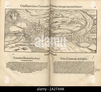 Die wertvollste Stadt Genf site, Illustration der Stadt Genf aus dem 16. Jahrhundert, Abb. 19, S. 98 & 99, 1548, Sebastian Münster: Cosmographiae universalis Lib. Vi in quibus, Iuxta certioris fidei scriptorum traditionem describuntur, Omniu [m] habitabilis Orbis partiu [m] Situs [...] omnium gentium Mores, Fachschulen, religio, Res gestae, mutationes [...]. Liber II. [Basel]: [Petri], [1552 Stockfoto