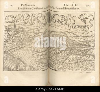 Die Position der Stadt, confluentinae, ie, wo es mit dem Rhein Mosel gemischt ist, Illustration von Koblenz aus dem 16. Jahrhundert, unterzeichnete RMD, Abb. 42, S. 498 & 499, Deutsch, Hans Rudolf Manuel, 1549, Sebastian Münster: Cosmographiae universalis Lib. Vi in quibus, Iuxta certioris fidei scriptorum traditionem describuntur, Omniu [m] habitabilis Orbis partiu [m] Situs [...] omnium gentium Mores, Fachschulen, religio, Res gestae, mutationes [...]. Liber tertius. [Basel]: [Petri], [1552 Stockfoto