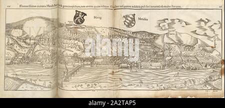 Blühende Stadt Heidelberg Website, Illustration von Heidelberg aus dem 16. Jahrhundert, Abb. 53, S.616, 1552, Sebastian Münster: Cosmographiae universalis Lib. Vi in quibus, Iuxta certioris fidei scriptorum traditionem describuntur, Omniu [m] habitabilis Orbis partiu [m] Situs [...] omnium gentium Mores, Fachschulen, religio, Res gestae, mutationes [...]. Liber tertius. [Basel]: [Petri], [1552 Stockfoto