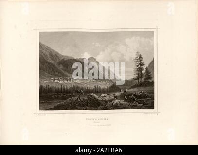 Pontresina, Pontresina im Kanton Graubünden, unterzeichnet: L. Rohbock (Del.), F. Hablitschek (sculp.), Pl., 83, S. 171, Rohbock, Ludwig (Del.); Franz Hablitschek (sculp.), 1870, Ludwig Rohbock: Album der Nord- und Ostschweiz: 100 Stahlstiche aus den Cantonen Basel, Solothurn, Aargau, Zürich, Schaffhausen, Thurgau, St. Gallen, Appenzell, Glarus und Graubünden. Basel: Verlag von Chr. Krüsi, [Ca. 1870 Stockfoto