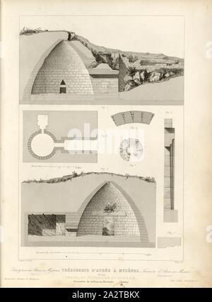 Bargeld von Atrée nach Mykene 3, Querschnitt und Plan des Finanzministeriums von Atreus in Mykene, unterzeichnet: d'après Ravoisié, Bury (sc.), Abb. 15, S. 75, Ravoisié, Amable (Del.), Bury, J. (sc.), 1853, Jules Gailhabaud: Denkmäler anciens et modernes. Bd. 1, Bl. 1. Paris: Librairie de Firmin Didot Freres, 1853 Stockfoto